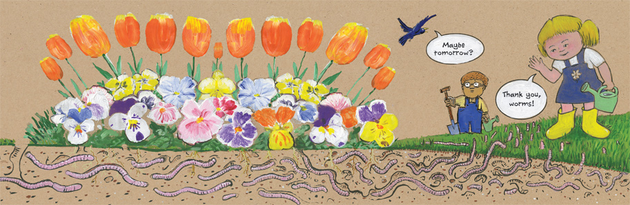 An illustration of two children gardening in a colorful flower bed as the girl thanks dozens of worms for their help